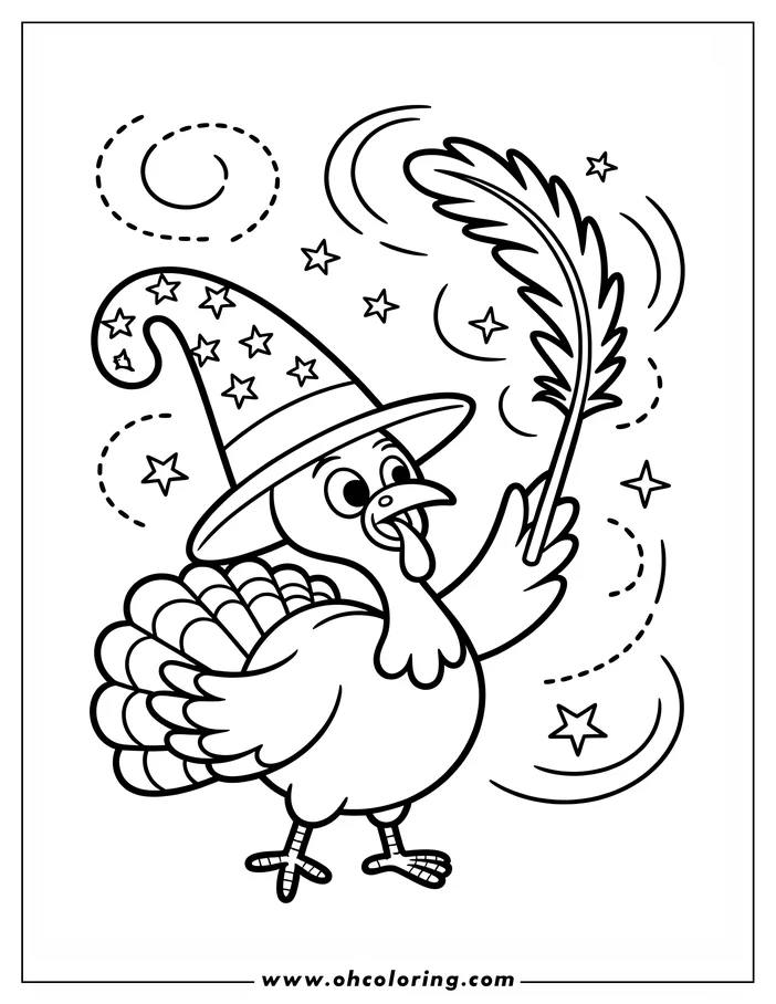 Line art of a turkey dressed as a magician, holding a feather wand and wearing a star-covered hat.