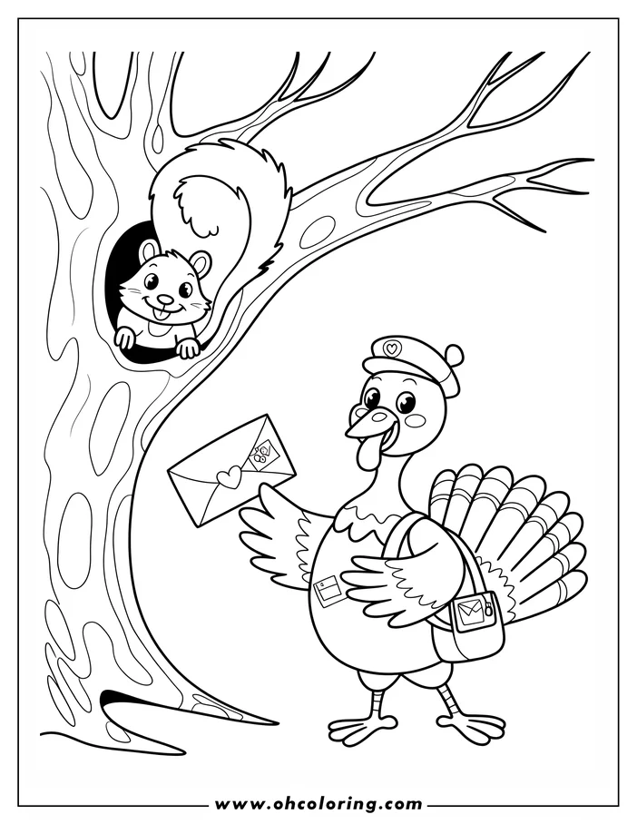 Outline of a turkey mail carrier holding a love letter with a squirrel watching from a tree hole.