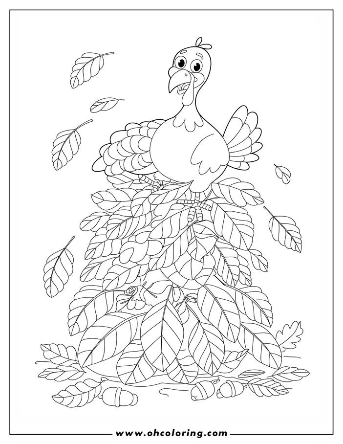 A cheerful cartoon turkey sits on a pile of autumn leaves, surrounded by falling leaves and acorns.