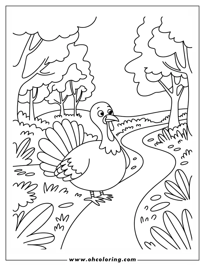 Outline of a turkey walking on a path surrounded by trees and bushes.