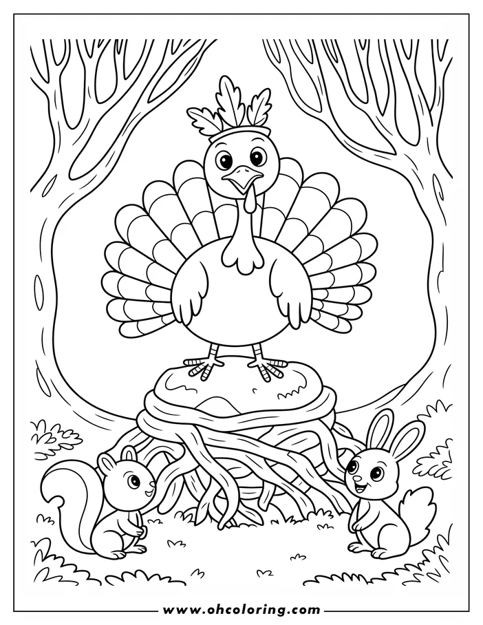 Line art of a turkey standing on tree roots with a squirrel and rabbit nearby in a forest setting.
