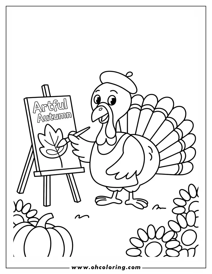 Line art of a turkey painting a picture of a fall leaf on a canvas. The canvas says "Artful Autumn" and the turkey is wearing a beret.