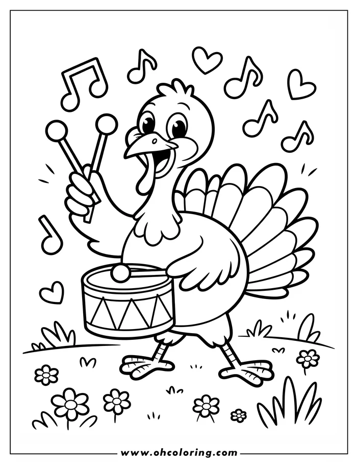Line art of a cheerful cartoon turkey playing a drum with drumsticks, surrounded by musical notes and hearts.