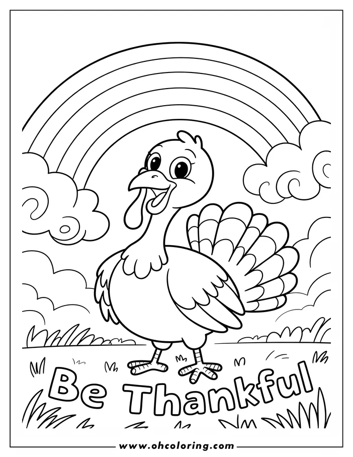 Line art of a cartoon turkey with a rainbow overhead. The turkey stands in a field of grass with the message "Be Thankful" written below it.