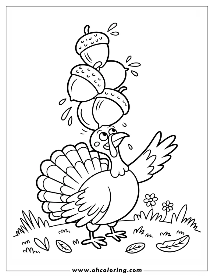 Line art of a turkey balancing acorns on its head in a field.