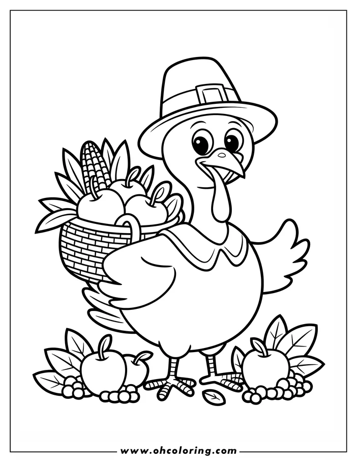 Outline of a cheerful turkey wearing a pilgrim hat and carrying a basket filled with apples and corn. Two apples and berries sit near the turkey's feet.