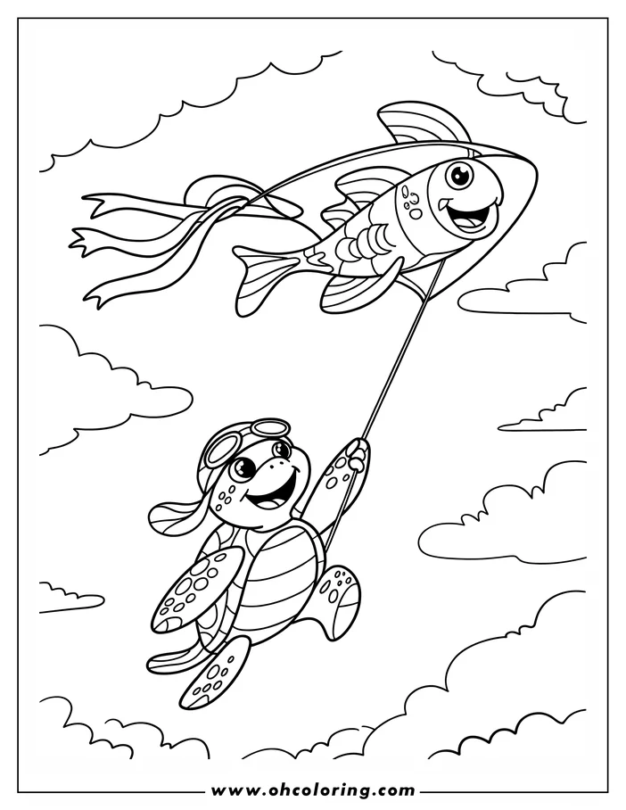 Line art of a cheerful turtle wearing aviator goggles and flying a fish-shaped kite among fluffy clouds.