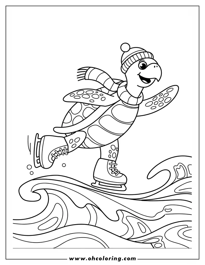 Line art of a turtle wearing a winter hat and scarf, ice skating on a wavy ice surface.