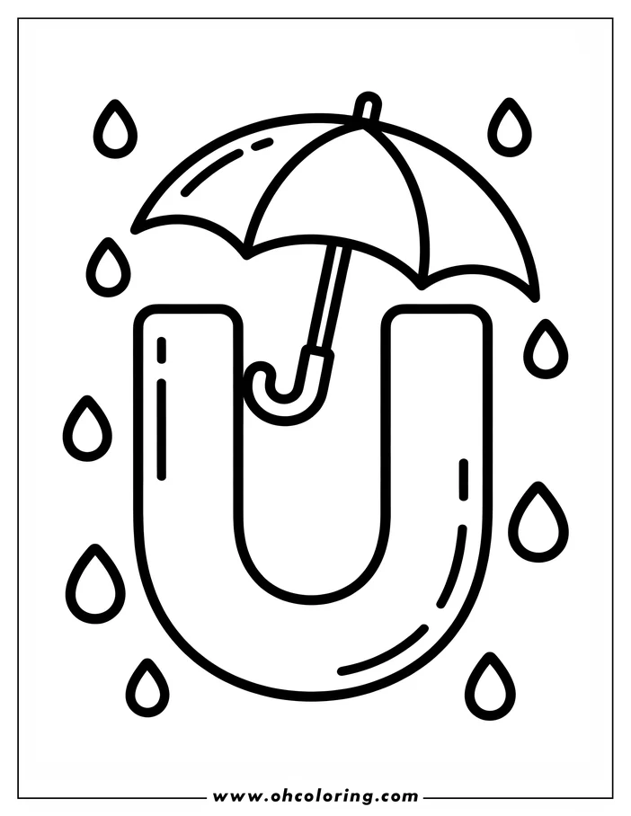 Line drawing of an umbrella over the letter "U", surrounded by raindrops.