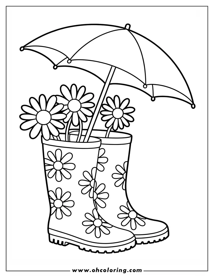 Line art of an umbrella over rain boots with daisies. The boots also have a daisy pattern.
