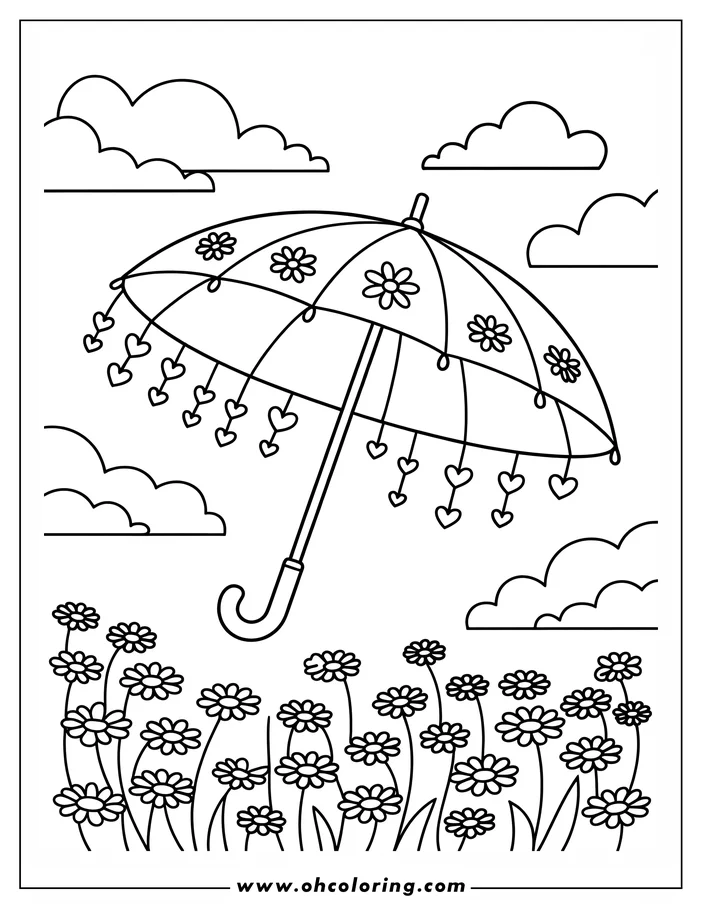 Line art of an umbrella decorated with flowers and dangling hearts, floating above a field of simple flowers with clouds in the sky.