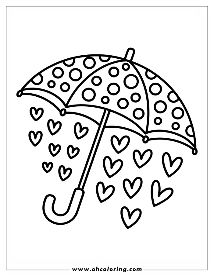 Line art of an umbrella with polka dots and falling hearts.