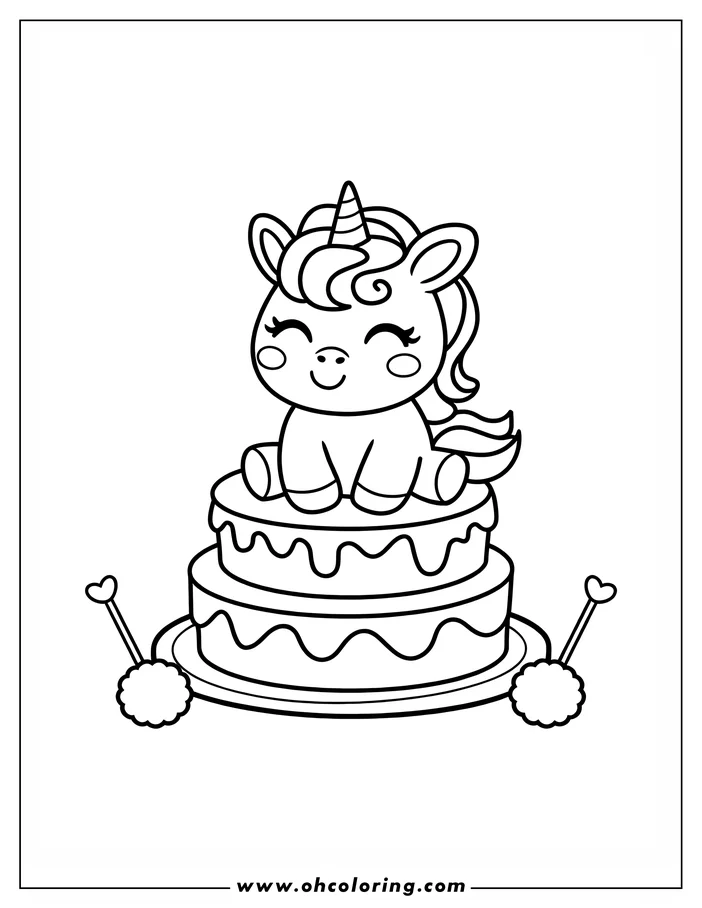 Outline drawing of a cute unicorn perched atop a birthday cake with two decorative picks nearby.