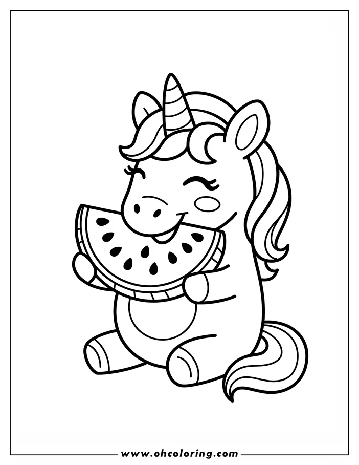 Outline of a happy unicorn sitting and eating a slice of watermelon.
