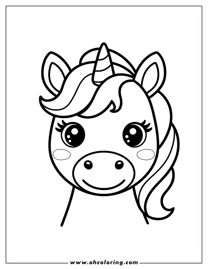 Close-up of a unicorn face. It has large eyes, a spiral horn, and a flowing mane.