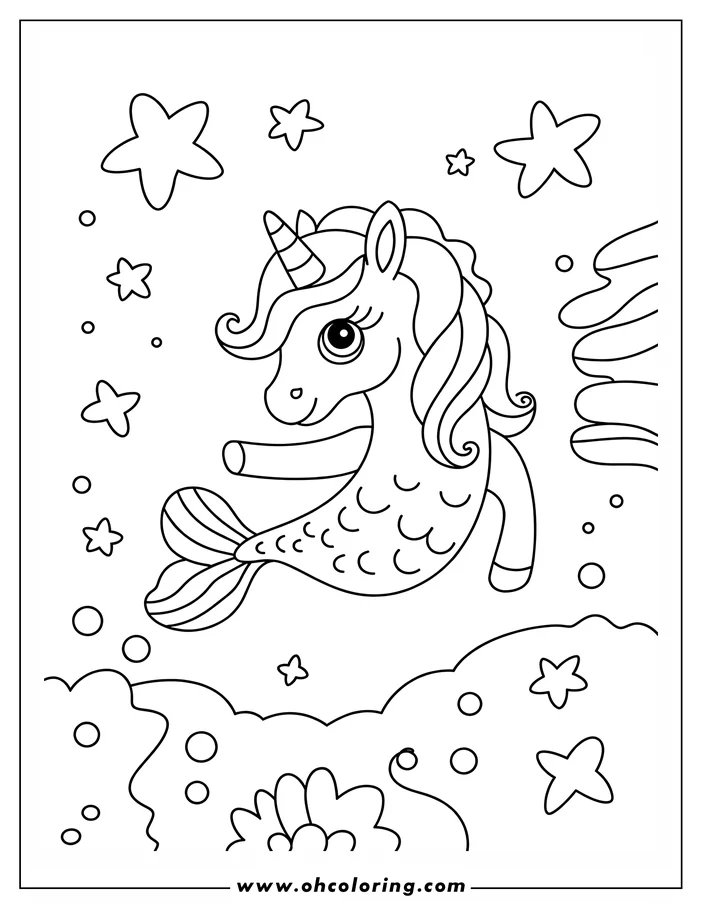 Line art of a unicorn mermaid swimming underwater. It has a single horn, flowing mane, and a decorative fishtail.  Stars, bubbles, seaweed and coral add to the underwater scene.