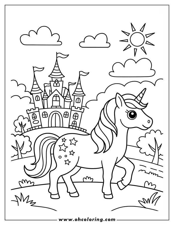 Outline of a unicorn near a castle under a sunny sky