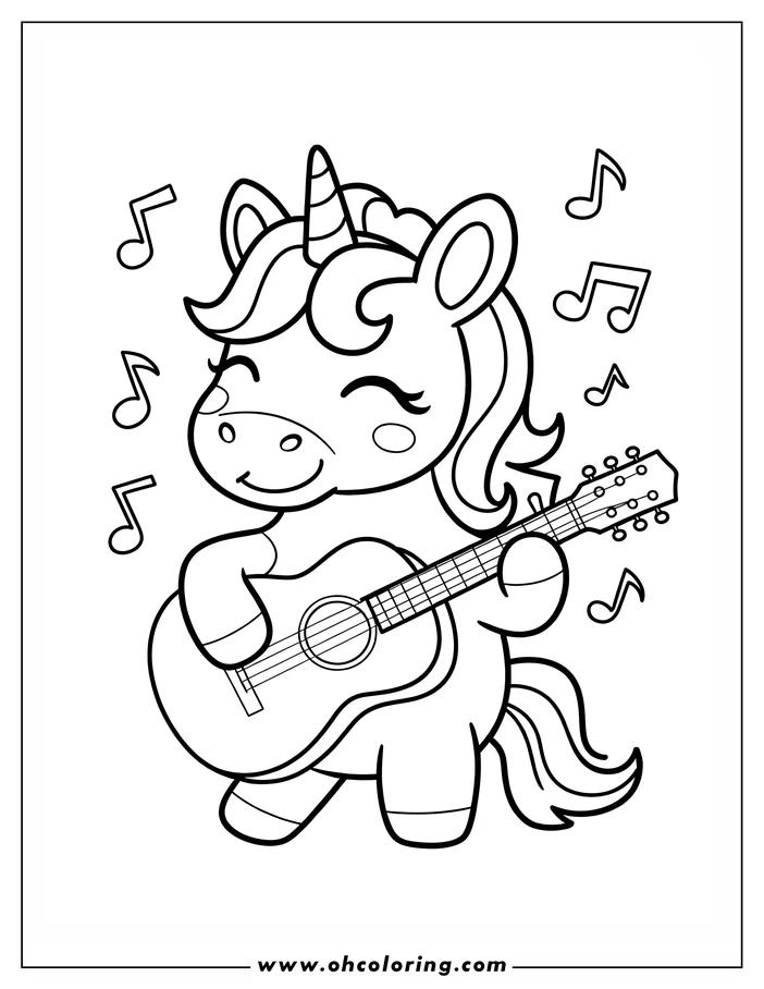 Outline of a cheerful unicorn playing a guitar. Musical notes float around the unicorn.