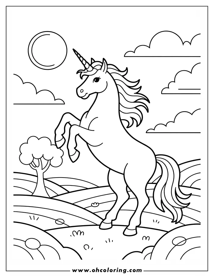 Line art of a unicorn rearing in a field with a tree, sun, and clouds in the background.