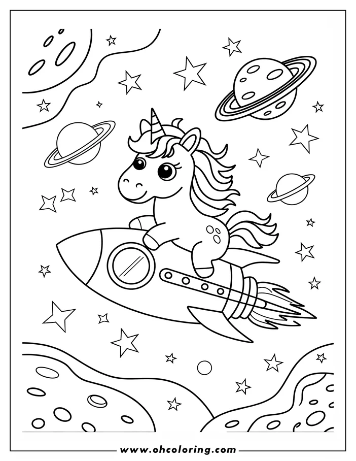 Outline of a unicorn riding a rocket ship through space, surrounded by planets and stars.