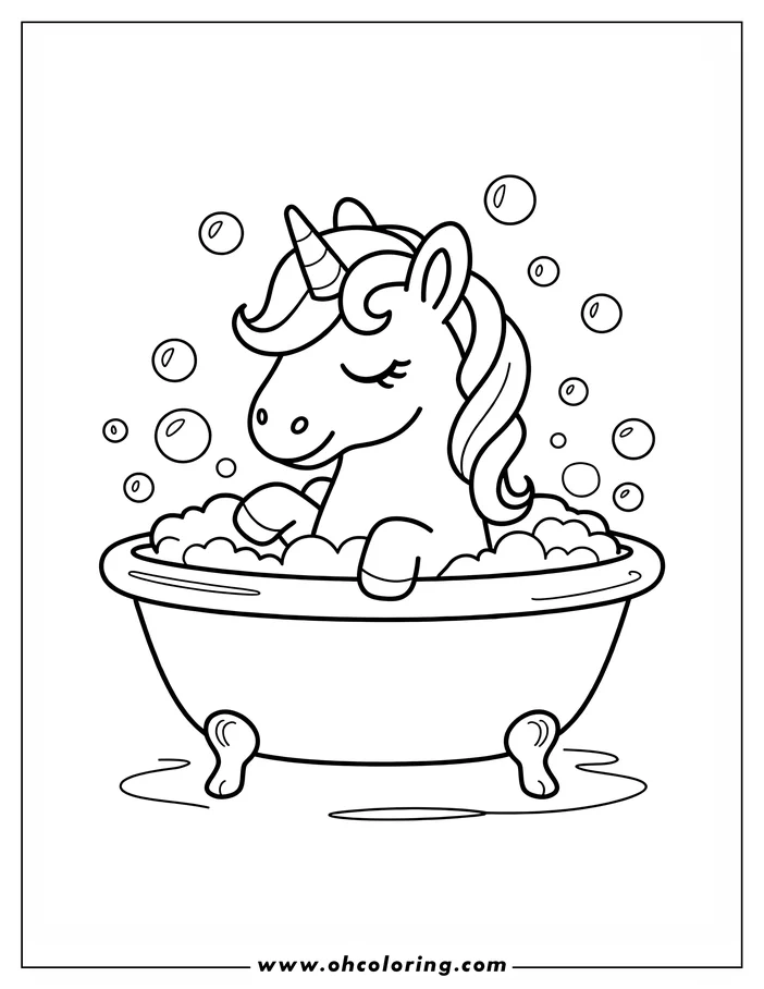 Outline drawing of a unicorn taking a bath surrounded by bubbles.
