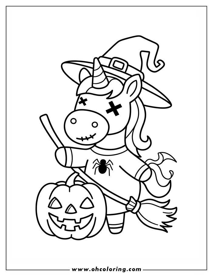 Outline of a kawaii unicorn dressed as a witch for Halloween, holding a broom and standing by a carved pumpkin