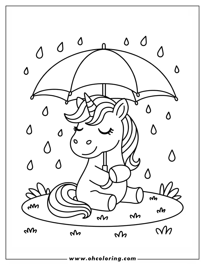 Outline of a unicorn sitting on the ground holding an umbrella in the rain.