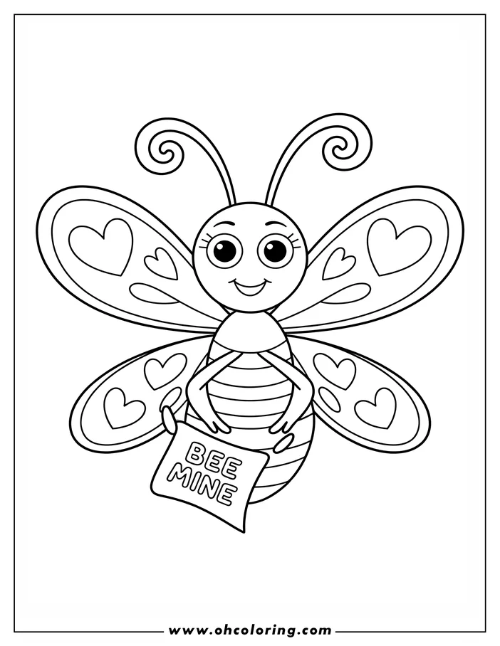 Simple, cute line art of a bee holding a Valentine's card that says "Bee Mine." The bee's wings are decorated with hearts, making it a perfect design for a Valentine's Day coloring sheet.
