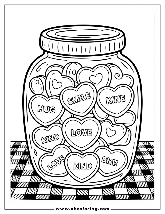 Line art of a glass jar filled with Valentine's Day candy hearts. The hearts have words like "LOVE", "HUG", and "SMILE" on them. The jar is placed on a checkered tablecloth. Perfect for a Valentine's Day coloring activity.
