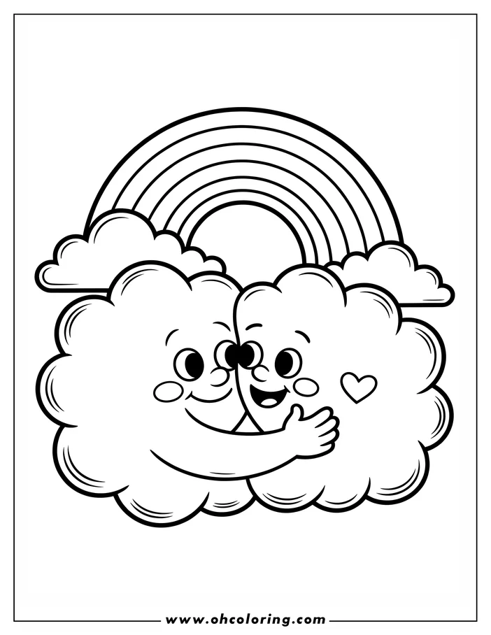 Line art of two cartoon clouds hugging under a rainbow. The clouds have happy expressions. A small heart adorns one cloud, creating a Valentine's Day coloring sheet design.