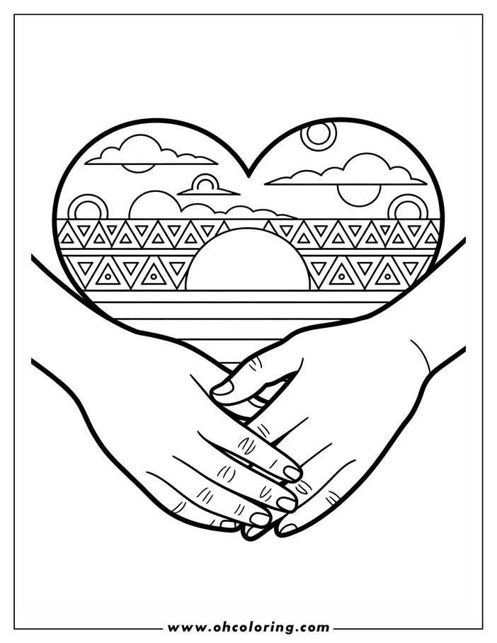 Line art for a Valentine's Day coloring page. Two hands cradle a heart containing a sunset scene with clouds and geometric patterns. A simple, heartwarming design perfect for coloring.