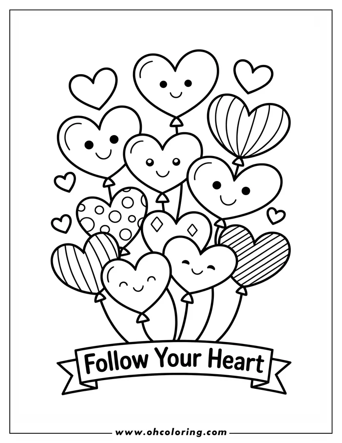 A coloring page design featuring a cluster of heart-shaped balloons, each with a cheerful smiling face.  Some balloons are decorated with stripes, polka dots, and diamond patterns.  Smaller hearts surround the balloons, and a banner below reads "Follow Your Heart." This line art is ready to be colored in for Valentine's Day.