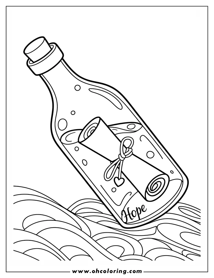 Line art of a Valentine's Day message in a bottle.  The corked bottle floats on stylized waves and contains a rolled message tied with string and a heart. The words 'I Hope' are visible near the bottle.