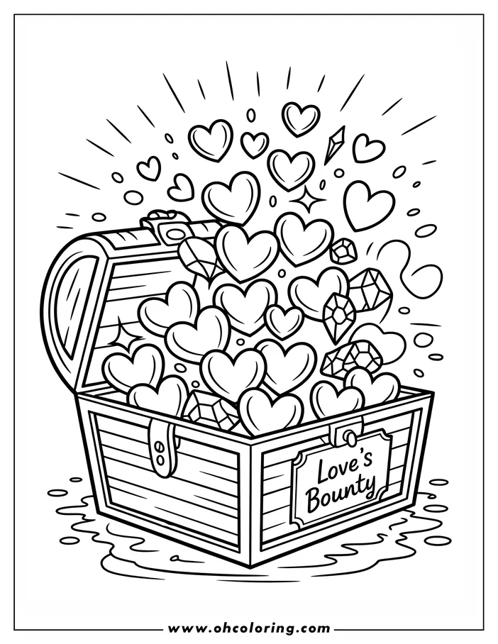 Line art of a treasure chest overflowing with hearts for Valentine's Day. The chest is labeled "Love's Bounty," with sparkles and gemstones scattered among the hearts. A coloring sheet design perfect for Valentine's Day.