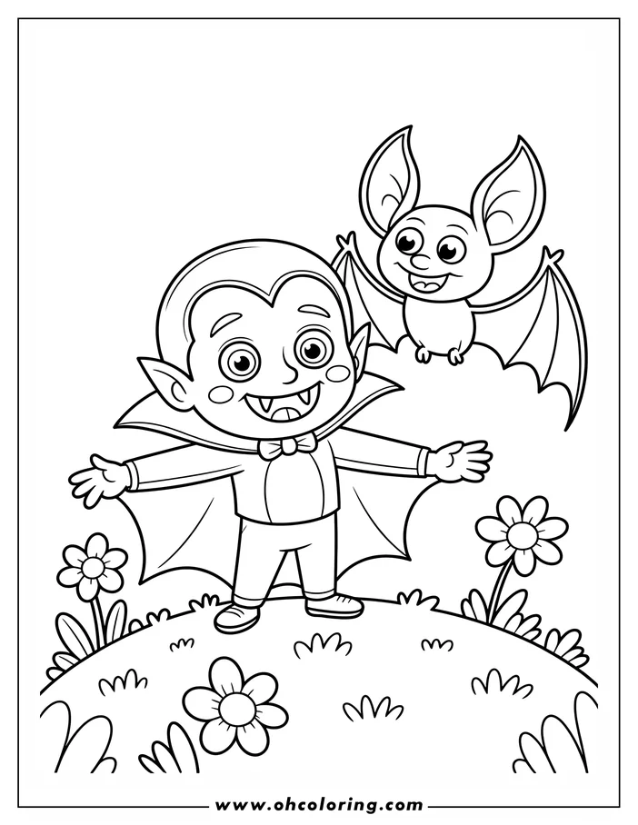 Line art of a vampire and bat in a simple Halloween scene. The vampire, wearing a cape, stands on a hill dotted with flowers while a bat flies nearby.