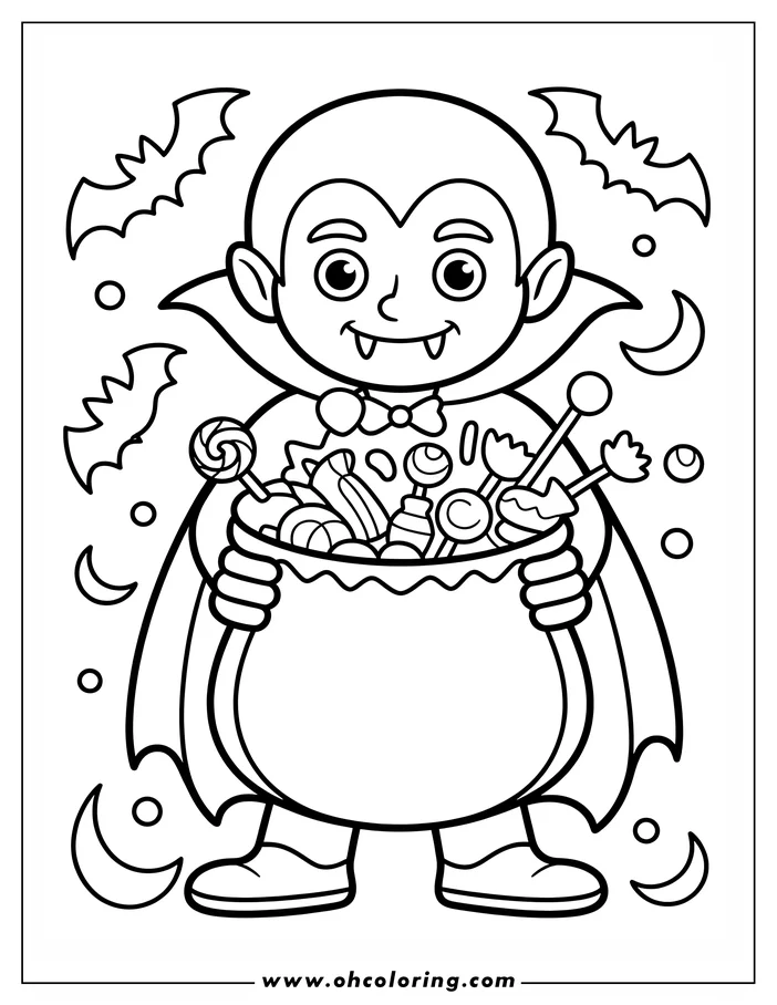 Line art of a vampire holding a bag of Halloween candy, with bats and crescent moons in the background.