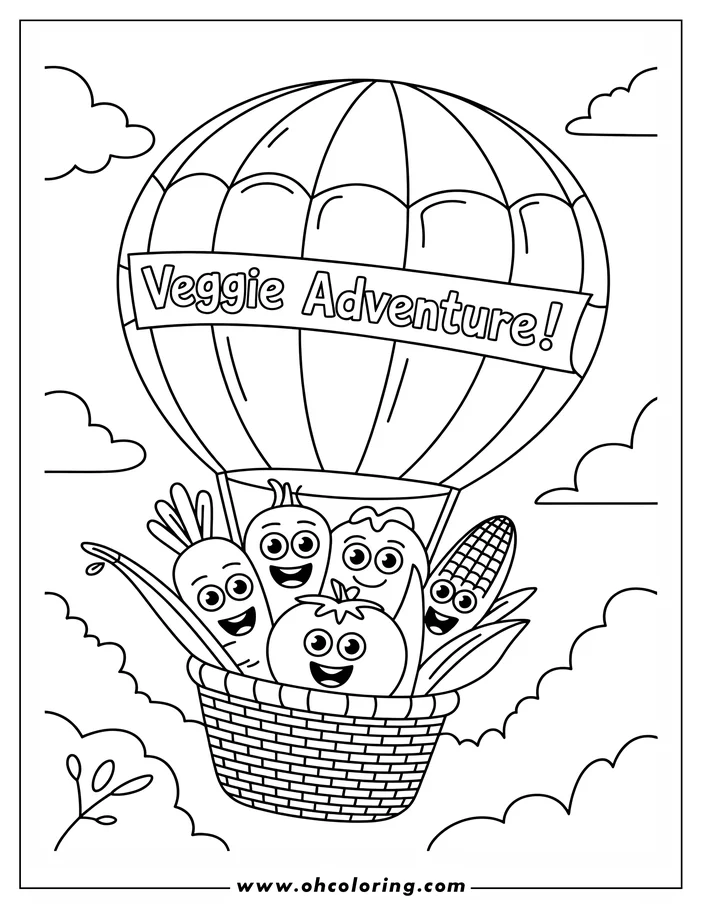 Line art of four cheerful vegetables riding in a hot air balloon basket. A carrot, a tomato, a pepper, and an ear of corn, each with smiling faces, are in the basket of a large hot air balloon with fluffy clouds surrounding it.
