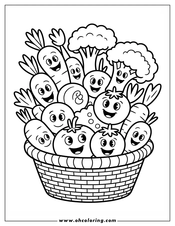 Line art of a basket full of happy cartoon vegetables. Carrots, broccoli, tomatoes, and an onion are all smiling in this simple design for a coloring sheet.