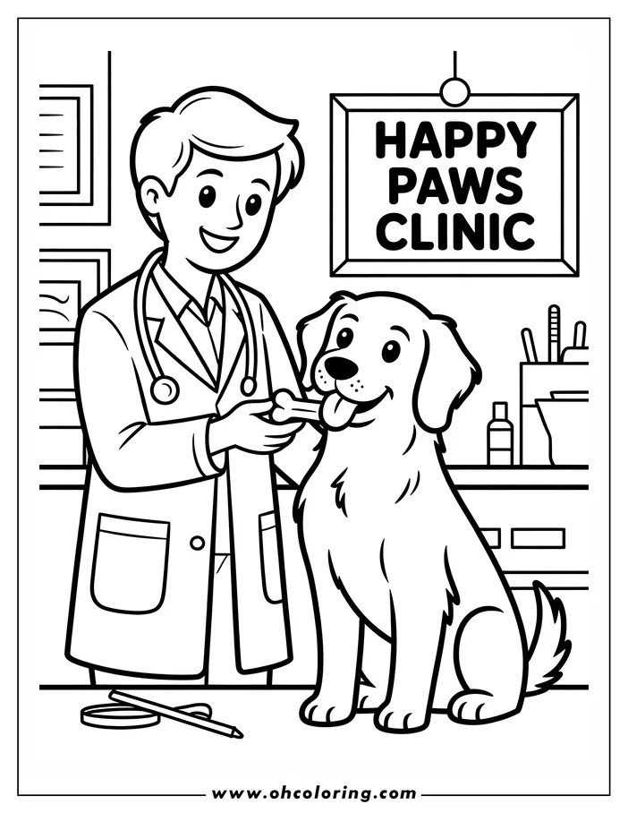 Line art of a veterinarian giving a bone to a golden retriever at the Happy Paws Clinic. Veterinary supplies are visible in the background.