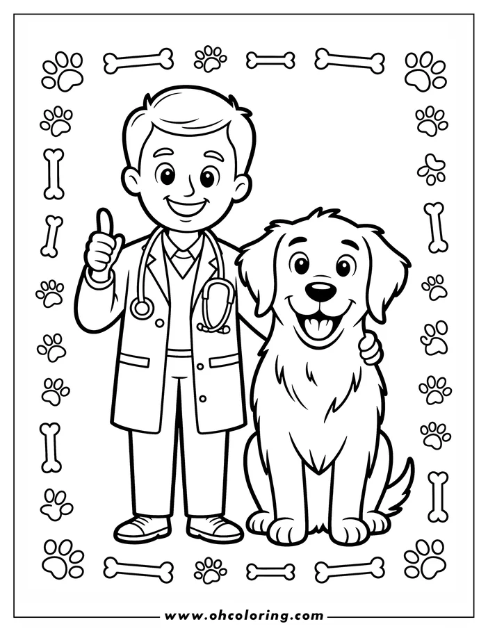 Line art of a veterinarian with a dog. The vet gives a thumbs up. Paw prints and bones decorate the border.