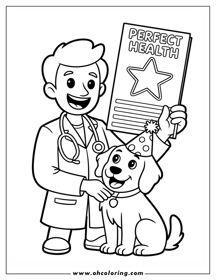 Line art of a veterinarian with a dog, holding a 'Perfect Health' certificate. The dog wears a party hat and the vet has a stethoscope.