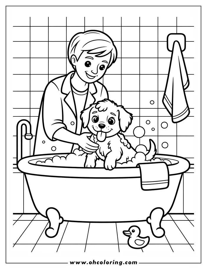 Line art of a veterinarian bathing a puppy in a tub. The scene features a towel and a rubber duck. This is a black and white coloring page.