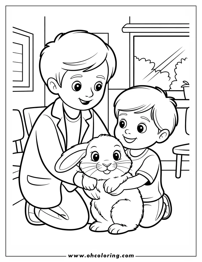 Line art of a veterinarian and child holding a rabbit at a veterinary clinic.
