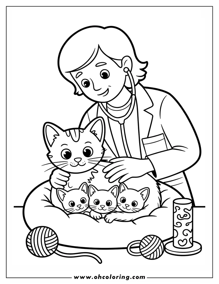 Line art of a veterinarian examining a cat and her three kittens. The vet wears a lab coat and stethoscope. Yarn balls and a scratching post are also visible.