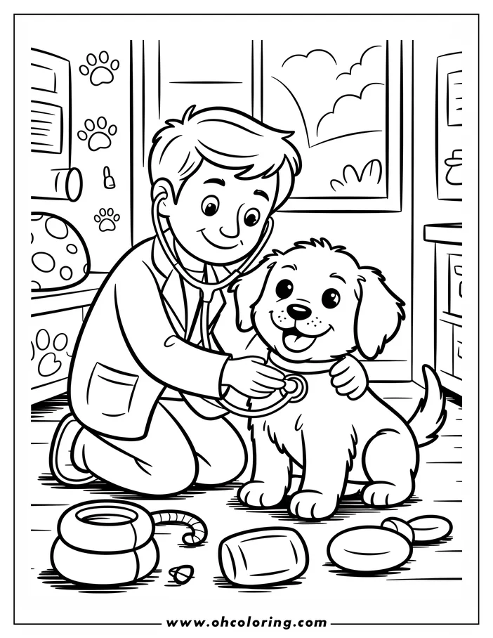 Line art of a veterinarian examining a dog with a stethoscope in a vet clinic. Paw prints decorate the walls, and pet supplies are scattered on the floor.