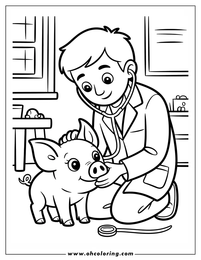 Line art of a veterinarian examining a piglet with a stethoscope inside a clinic. A window and chart hang on the wall in the background.