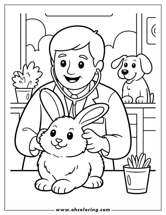 Line art of a veterinarian using a stethoscope to examine a rabbit at a veterinary clinic, with a dog waiting patiently nearby.