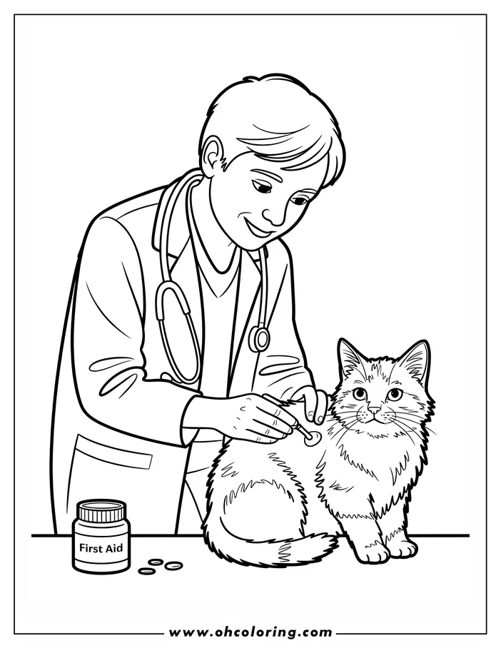 Line art of a veterinarian giving a shot to a cat on an examination table. A bottle labeled 'First Aid' and some pills are also visible.