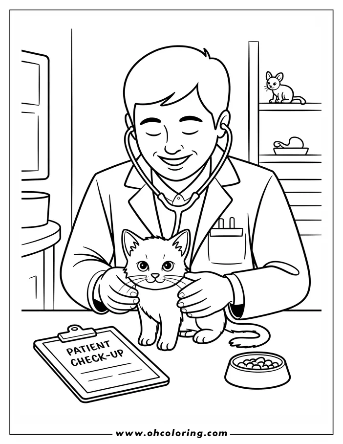Line art of a veterinarian examining a kitten during a check-up at an animal clinic. The vet wears a stethoscope and holds the kitten gently.  A patient check-up clipboard and food bowl sit nearby.