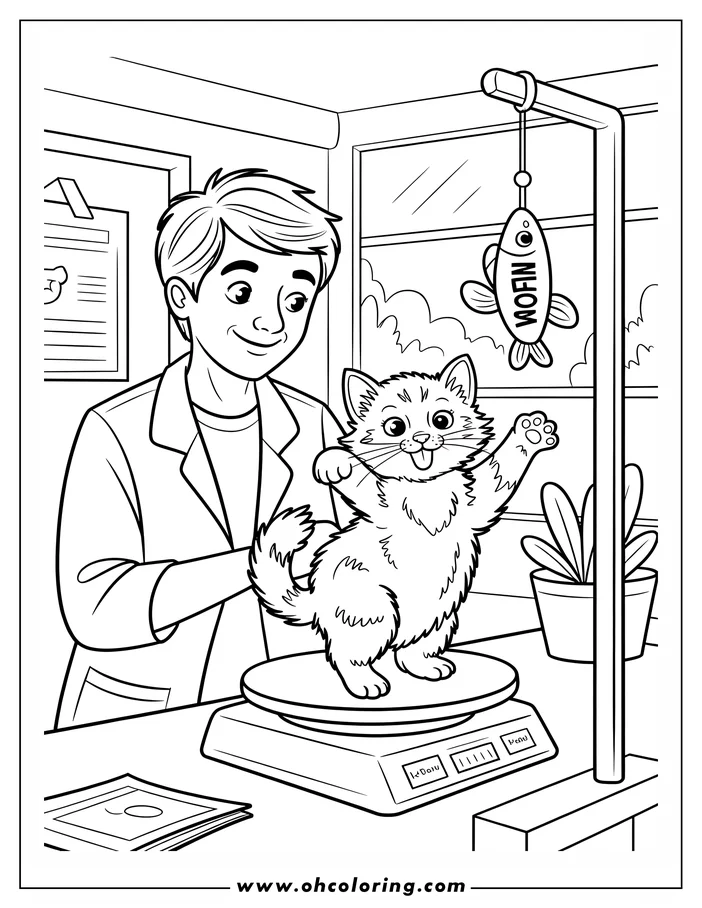 Line art of a veterinarian weighing a kitten in a veterinary office. The kitten is reaching for a toy fish.